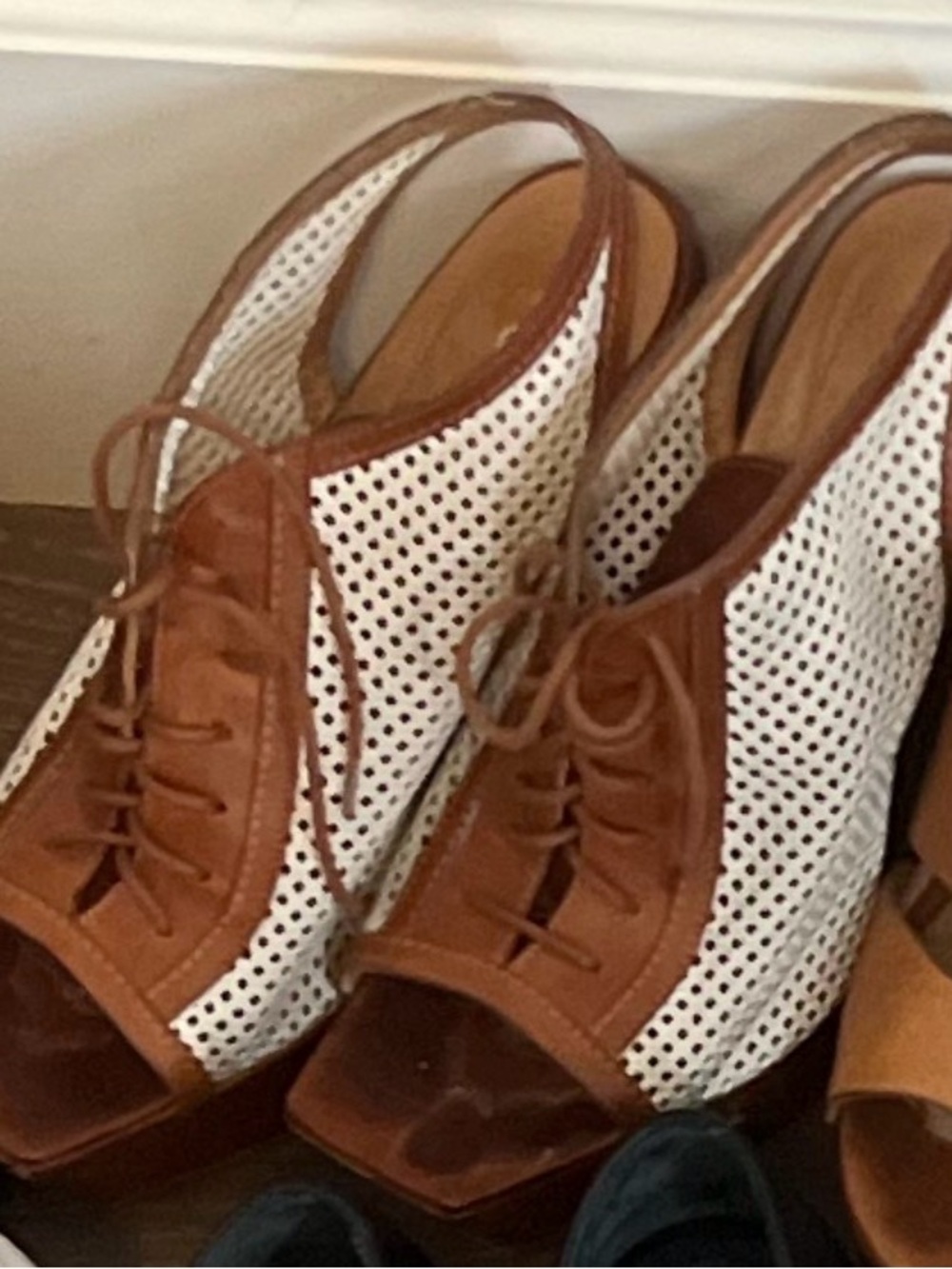 Viktor & Rolf White Perforated Lace-Up Slingback Heels with Brown Trim